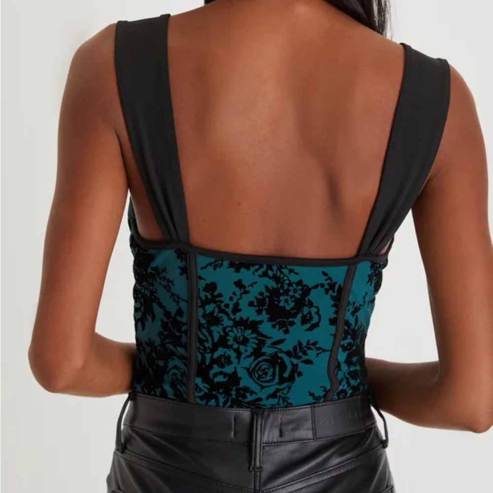 Lulus Exceptionally Dramatic Teal Burnout Floral Bustier Bodysuit, Size Small - Picture 4 of 7